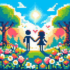 Obraz premium Pixel art couple holding hands in colorful garden with flowers and sunny sky