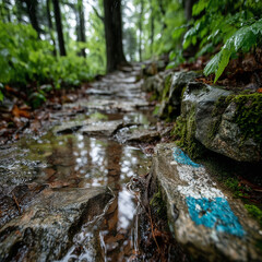 Wet rocky forest trail after rain, puddle reflections, green foliage and fresh natural atmosphere in woodland.