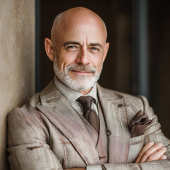 Business portrait of mature bearded man wearing tweed suit, calm gaze, crossed arms, warm light, confidence, status.
