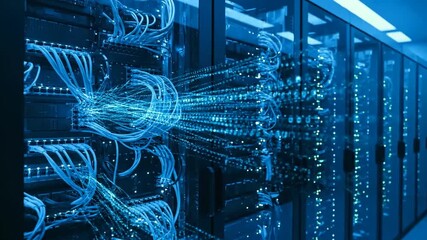 a futuristic data center with glowing blue circuits and servers in a modern facility . use as multipurpose tittle intro, background. product mockup. motion graphics background - Powered by Adobe