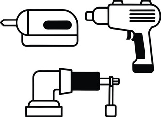 Power tools set including drill grinder jigsaw line art illustration.