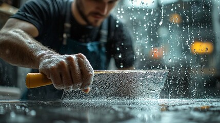 Craftsman polishes stone surface, water droplets background, workshop