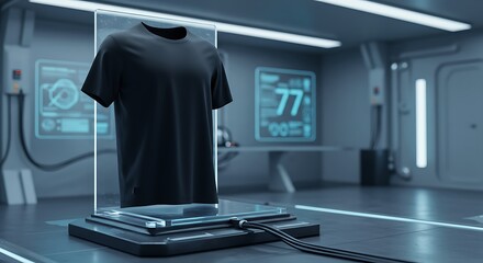 A black t-shirt on a futuristic platform with a transparent protective cover in a high-tech laboratory or testing facility with blue lighting and digital screens.