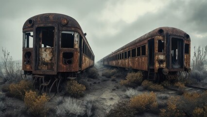 Two rusted train cars stand derelict on tracks, hinting at a forgotten era, in a desolated landscape