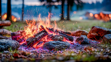  Burning campfire with glowing embers and flying sparks outdoors at twilight, cozy wilderness atmosphere