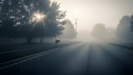 Atmospheric morning mist covering a quiet suburban road with sunlight through trees.