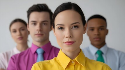 A diverse group of professionals stands together looking forward with confidence in colorful business attire