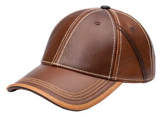 A stylish brown leather baseball cap featuring contrast white stitching, isolated on transparent background