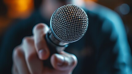 Close-up hand holding microphone, stage background, concert performance, music event