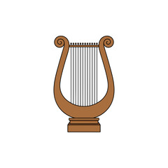 Elegant brown harp with decorative scrolls