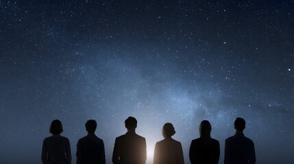 Silhouettes of a team gazing at the starry night sky illuminated by faint horizon light
