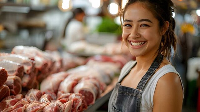 A young woman stands in a market, smiling as she sells fresh cuts of meat. The stall is busy with customers. It is morning and the market is filled with activity and vibrant colors