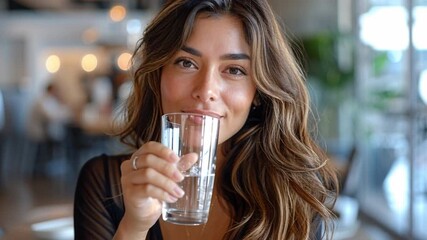 A woman sits in a cafe with a glass of water in hand. She smiles at the camera while sunlight enters the space. Other people are visible in the background, enjoying their drinks and meals