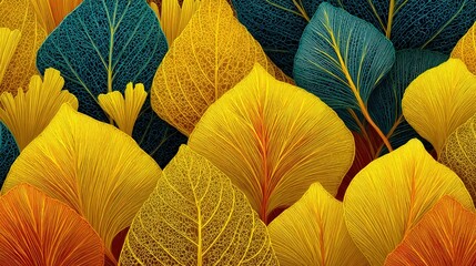 Vibrant, detailed leaves in yellow, orange, and teal create a textured background