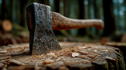 Sharp axe stuck in tree stump with wood chips, forestry and manual labor concept in woodland