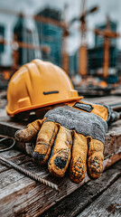 Safety gloves and helmet on construction site table
