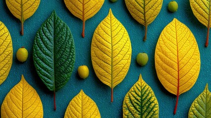 Vibrant yellow and green leaves arranged on teal background. Small round objects scattered among them