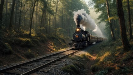 A vintage steam train steams through a sunlit forest, following tracks