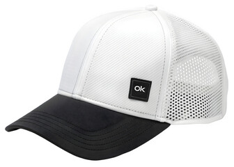 A modern black and white trucker cap featuring breathable mesh panels and a structured brim isolated on transparent background