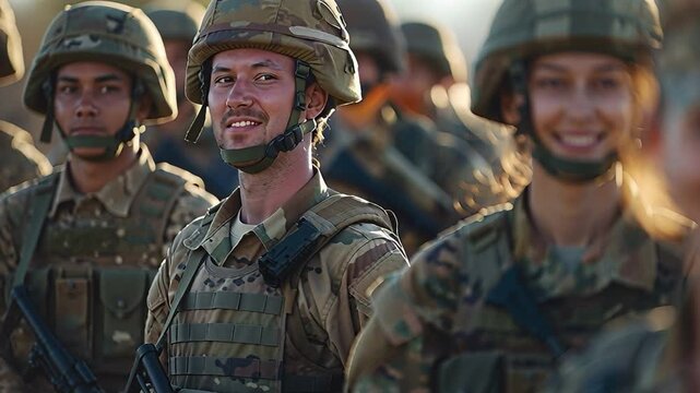 A group of soldiers stands together in formation at a military base. They smile and look towards the camera while in uniform during a sunny day. It is a moment of camaraderie and teamwork