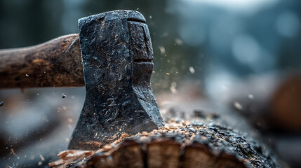Close-up of axe blade lodged in log with wood chips flying, traditional labor and forestry concept