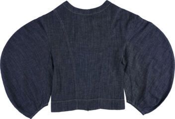 Dark blue knitted sweater with crew neck and puffy sleeves isolated on transparent background