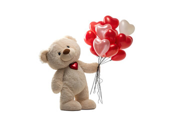 A fluffy teddy bear holds a bouquet of red and pink heart balloons isolated on transparent background