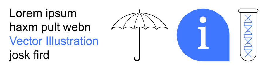 Visual concepts for science, knowledge, protection, education, branding, communication. Includes umbrella, info symbol and DNA in test tube. Science and knowledge concepts