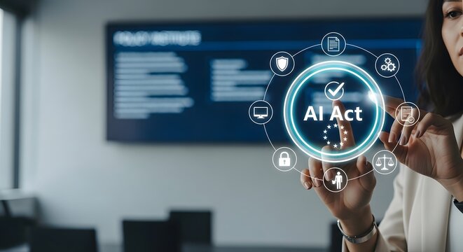 Digital AI Act Compliance Interface with Businesswoman in Office - Powered by Adobe
