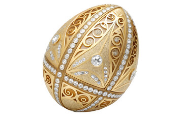 An ornate golden egg-shaped object decorated with intricate filigree patterns and sparkling diamonds isolated on transparent background