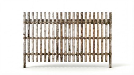 Aged bamboo fence element featuring weathered bamboo texture and natural imperfections. Isolated on a white background. Perfect for rustic garden design, natural landscaping, eco concepts, Asian