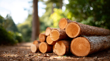 Logs piled by path in daylight. Wooden logs are stacked neatly along a forest pathway surrounded by trees in daylight.