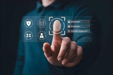 A person using a fingerprint scanner on a digital interface with username and password fields male dark