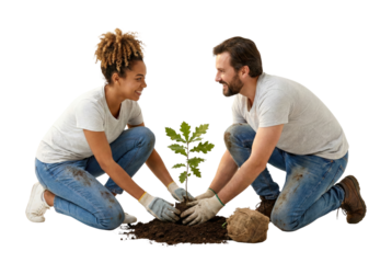 Happy couple planting oak sapling together. Environmental conservation concept.