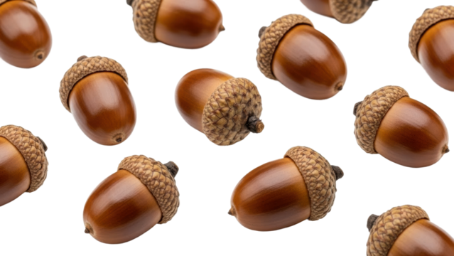 Acorns falling on white surface nature still life isolated on transparent background - Powered by Adobe