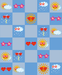 Seamless pattern with sun, clouds, hearts and weather.