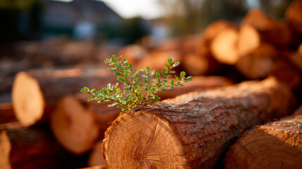 New life on sunlit tree logs. A small green plant emerges from a cut tree log during the day in a woodpile. The scene shows nature's resilience.