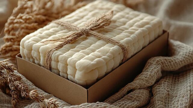 A stack of white muslin baby blankets tied with jute twine in a cardboard box.