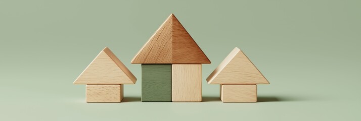 Wooden building blocks forming conceptual house architecture. Wooden blocks depict a row of simple houses representing real estate and community