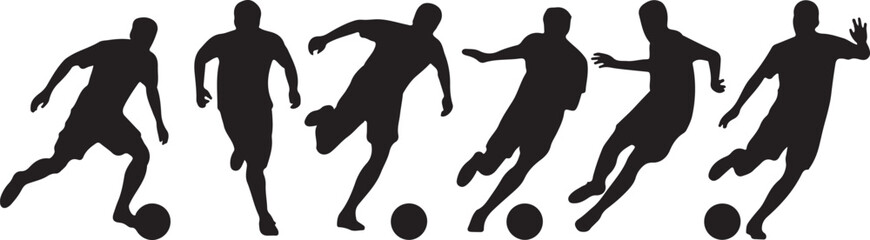 Soccer players, group of footballers. Set of isolated vector silhouettes. Ink drawing. Team sport