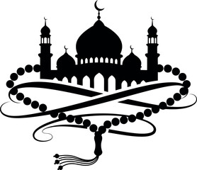 Islamic mosque silhouette with prayer beads vector illustration isolated on transparent background