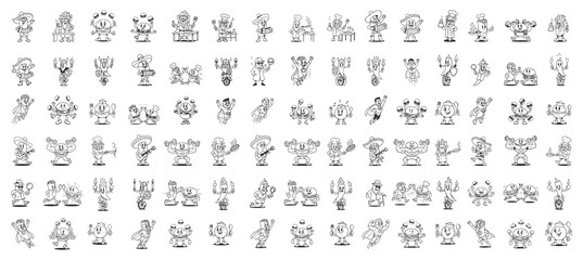 Retro Doodle Food Characters, Comic Style Burger and Snack Mascots © 99VectorS