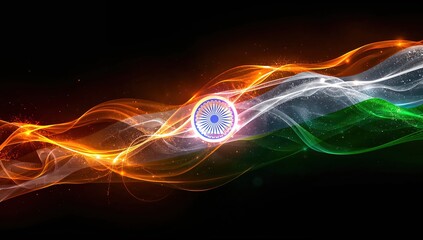 Flowing tricolor light waves with Ashoka Chakra, Republic Day abstract design