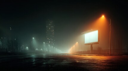 Foggy urban street at night with blank billboard