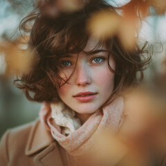 Portrait of young woman with curly hair and freckles, autumn mood, soft light, blurred leaves in foreground.
