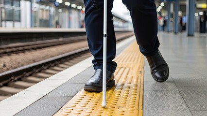 Blind person carefully walking on tactile paving at a train station platform, ensuring safe and independent urban travel