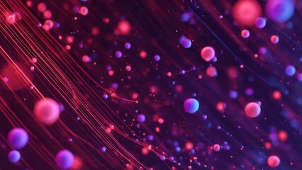 Abstract dynamic flow of glowing spheres and neon digital data streams in vibrant pink and purple tones