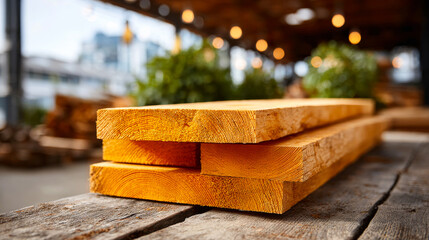 Wooden planks on a worktable in a shop. Wooden planks are stacked neatly on a wooden worktable inside a shop with lights and plants in the background.