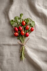 heart shaped bouquet made of fresh red radishes tied with twine on linen fabric background for valentines day food branding creative advertising and lifestyle marketing