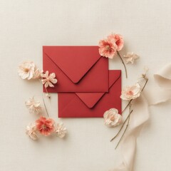 red envelope with soft pink blossoms arranged on light fabric background creating valentines day scene for love letters romantic stationery branding and holiday advertising